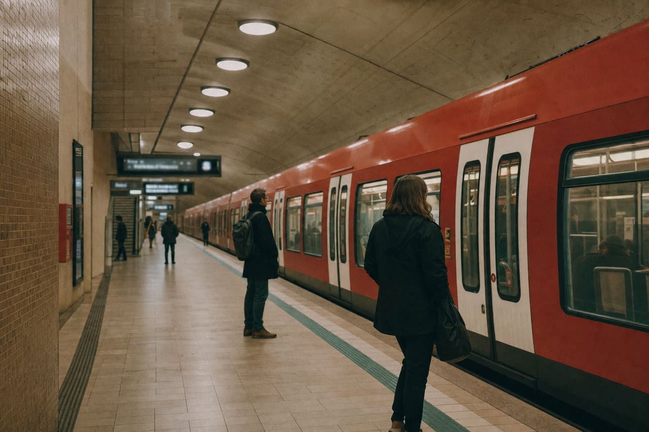 The platform at Keskraan metro station, with a red M1 train and bilingual station signage