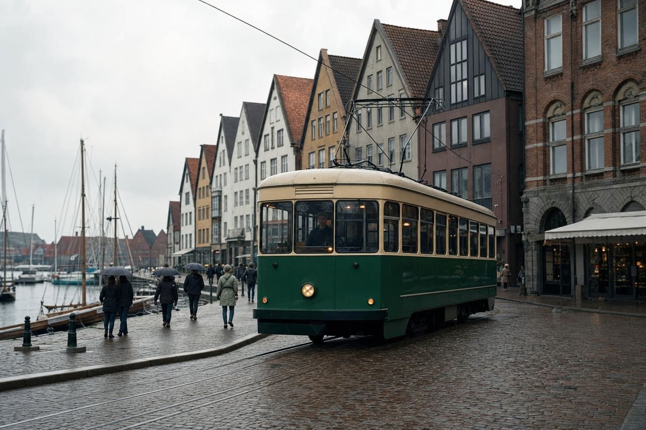 A green Lietvirk tram rolling along the Orsavik harbour promenade past old gabled houses