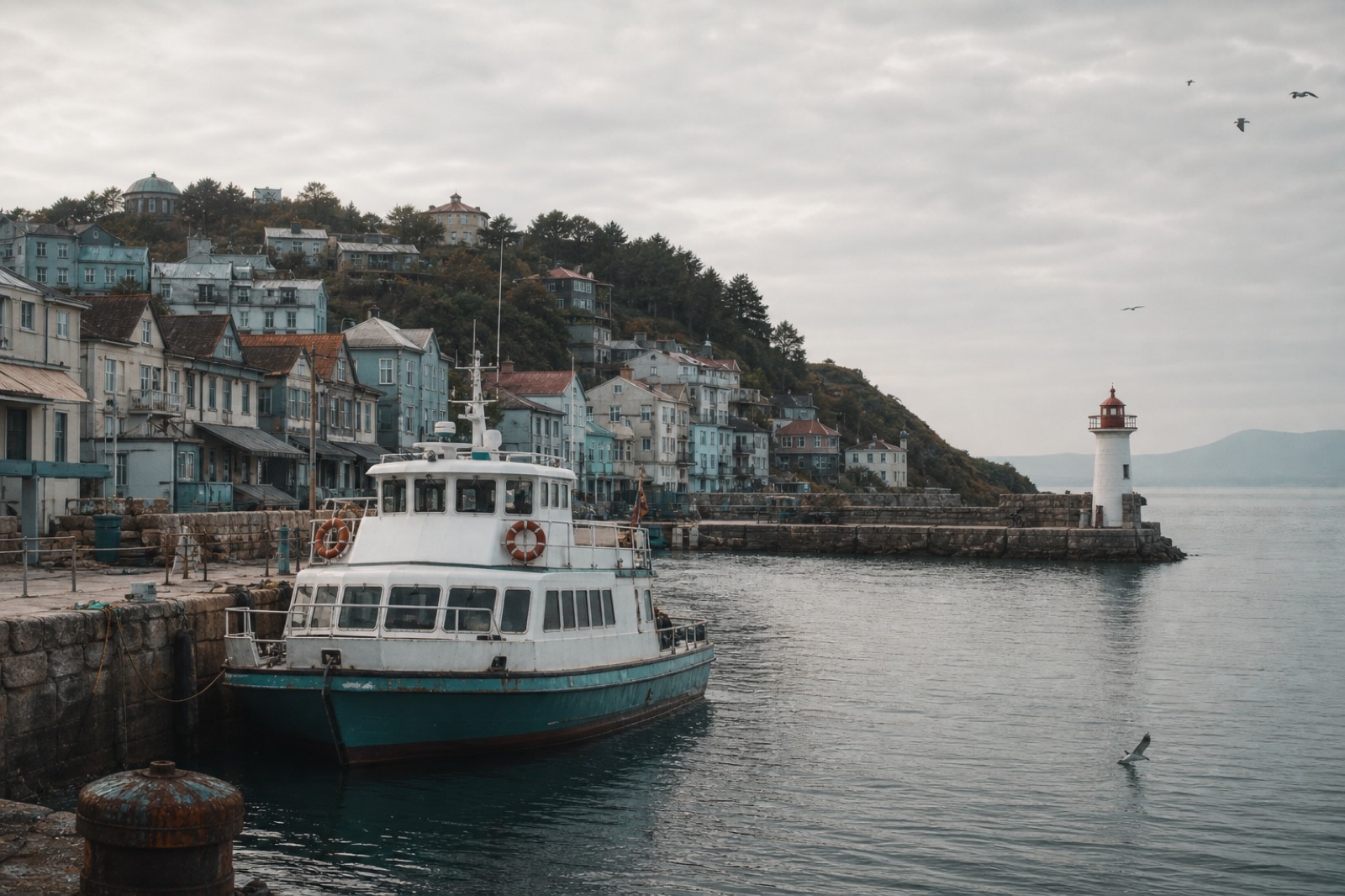 The Old Harbour at Velka Toru: a Brenna Ferry moored at the quay, with the Luma Vey lighthouse on the breakwater.