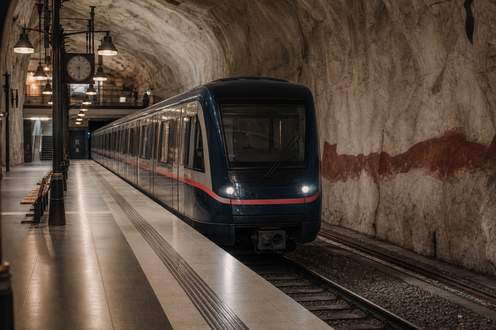 A Torulin metro train arriving at the stone-cut platform of Brenkel.