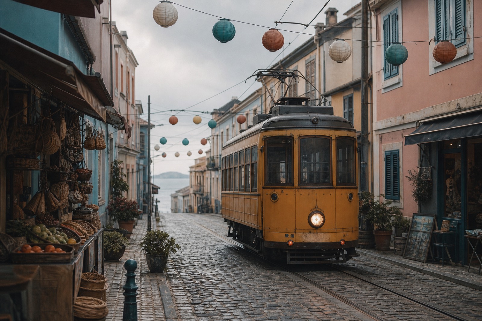 The Sanlin tram on the cobbles of San Miral, Market Square.