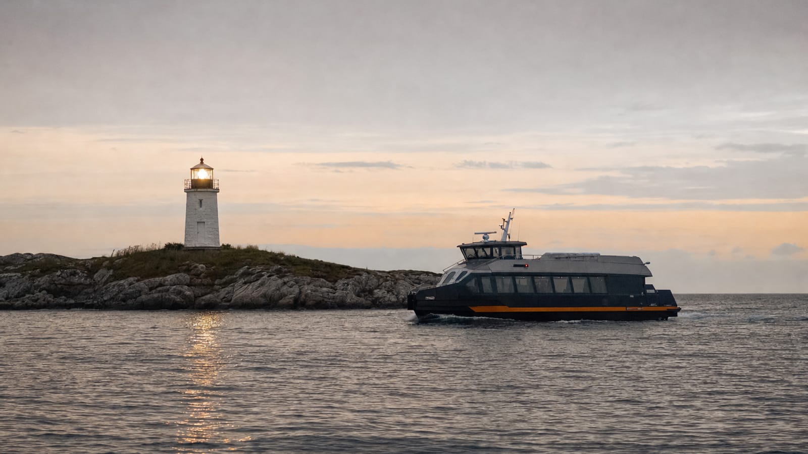 A small ferry passing the lighthouse on Brenna in silver evening light.