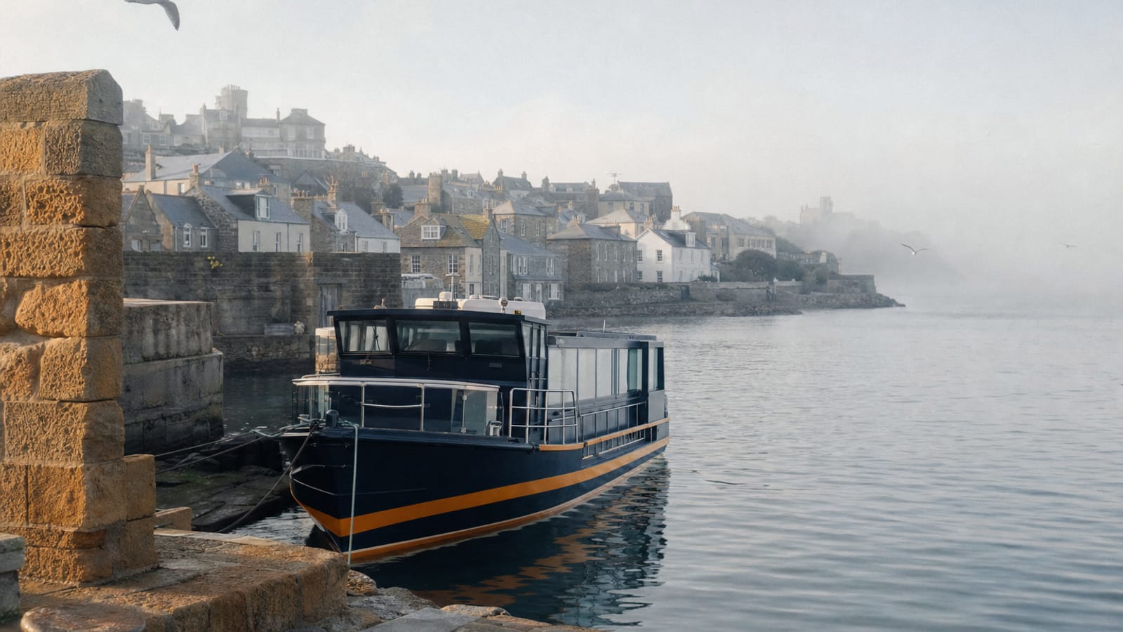 The harbour at Altakai with a Selkora Vael ferry alongside the old stone quay.
