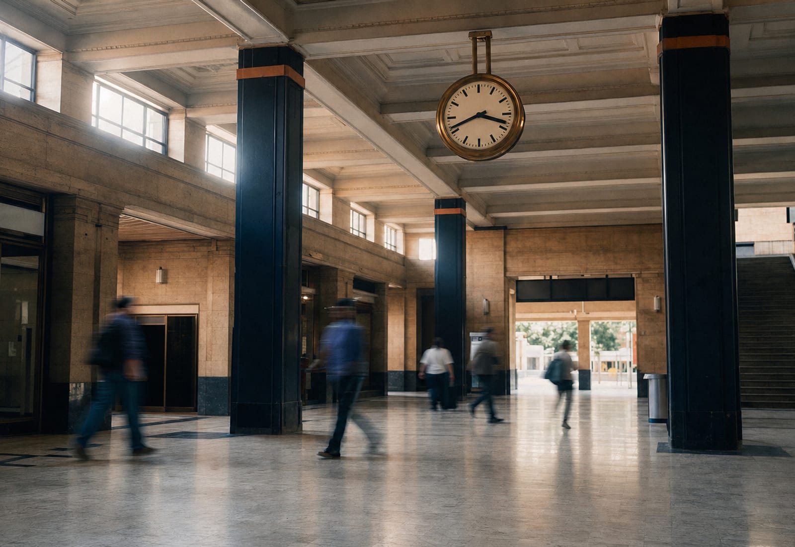 The concourse of Kordan station, warm stone and brass, with islanders crossing under the departure clock.