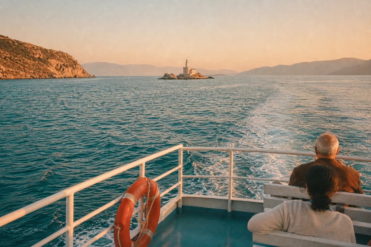 The view from the stern of a Corran ferry crossing the strait at sunset, a lighthouse islet ahead.
