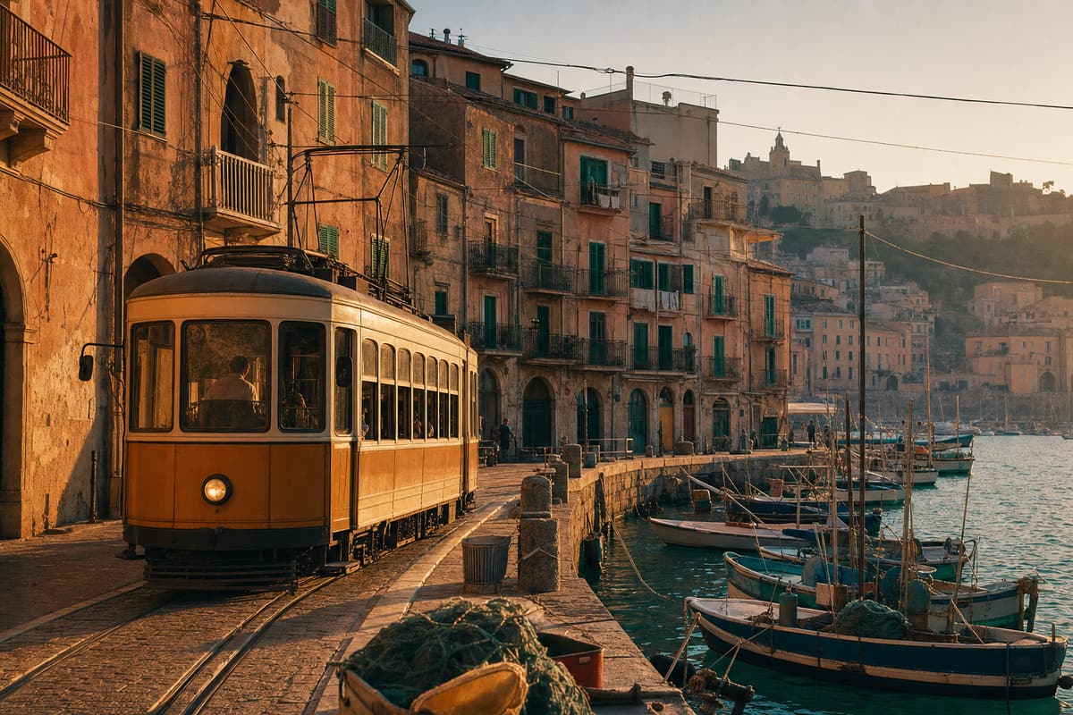 A vintage amber tram on the stone quay of Sarvéna's old port at golden hour, fishing boats moored alongside.