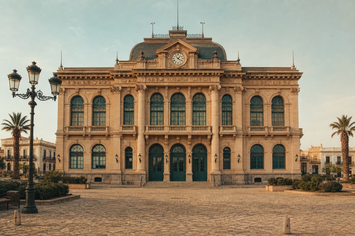 The Palàu del Trànsit, the authority's stone headquarters on Corran Square, at morning light.