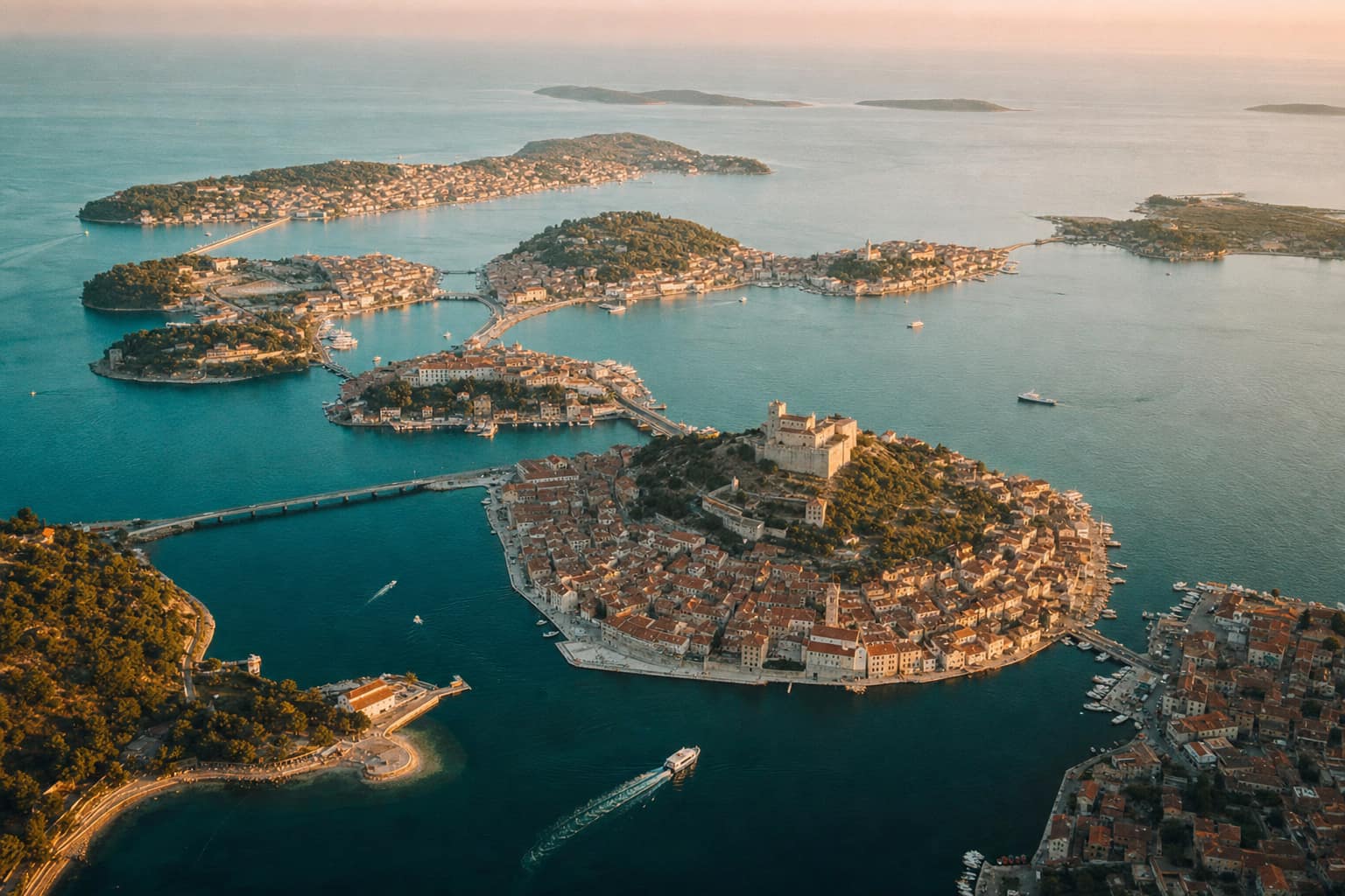 Aerial view of Sarvéna at golden hour — five islands linked by bridges across the Corran Sea.