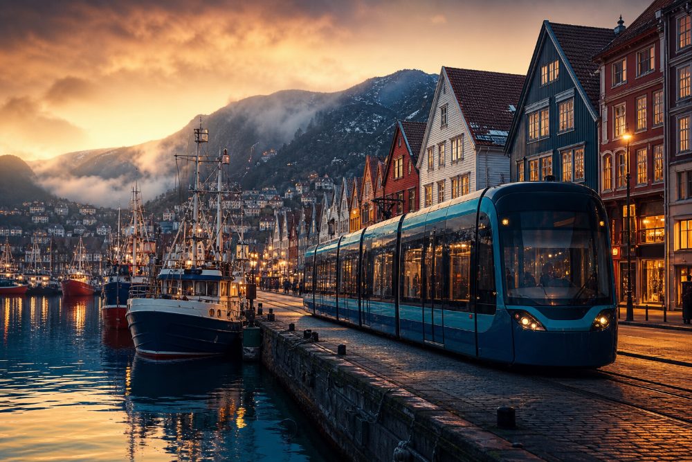 A navy-and-teal tram on the cobbled Vaross quayside beside moored boats and colourful townhouses at golden hour.