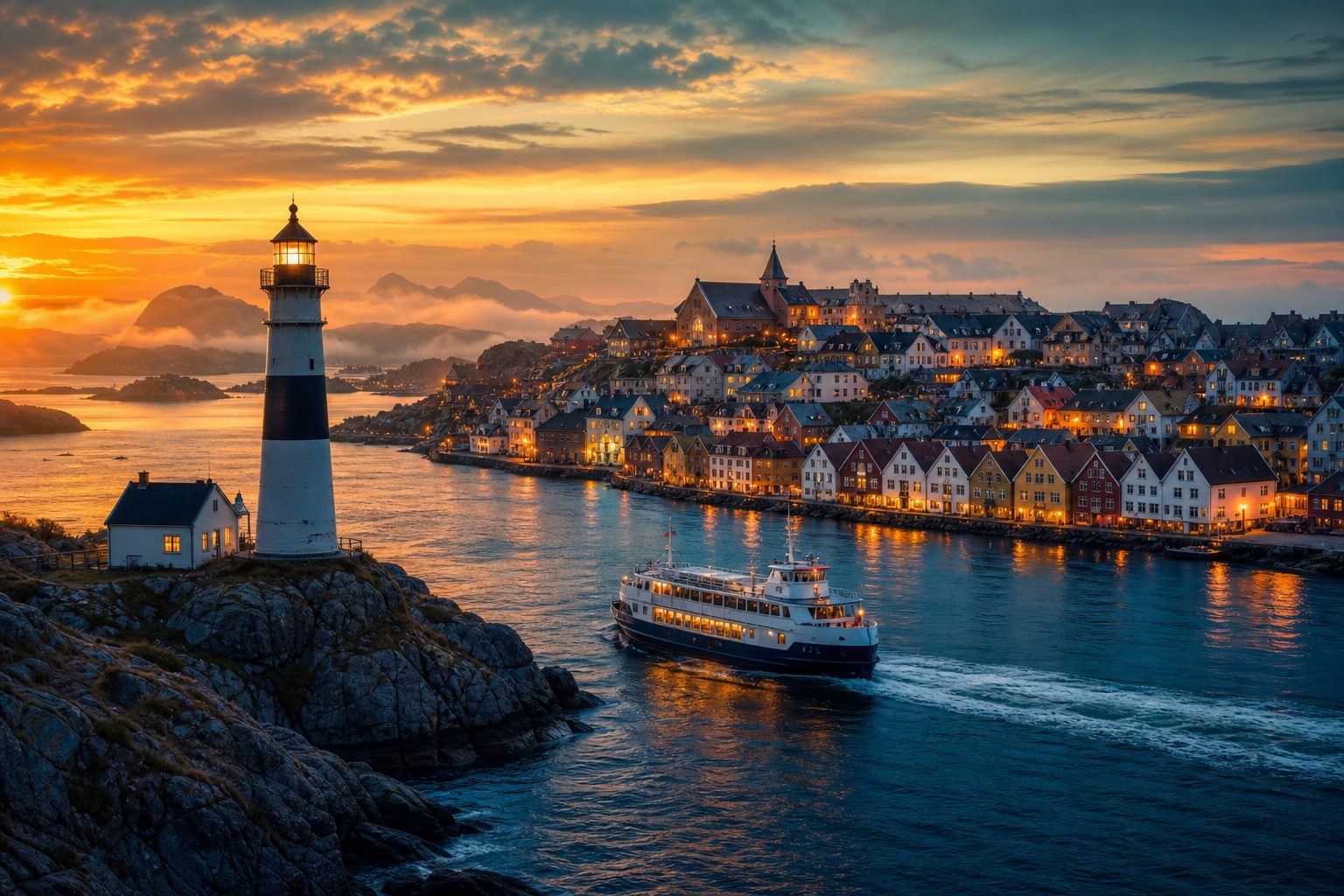 Vaross harbour at dusk: a striped lighthouse on a rocky headland, a ferry crossing the strait, and the colourful waterfront old town glowing beyond.
