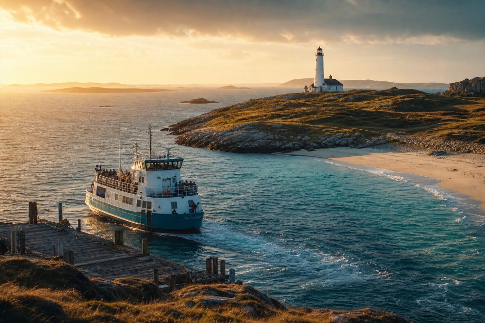 A teal-and-white passenger ferry approaching a wooden quay on a rugged outer island with a slim white lighthouse and pale beach.