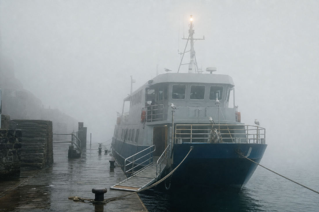 A small blue and grey passenger ferry berthed at a wet stone quay in thick sea fog, gangway down, gulls on the rail.