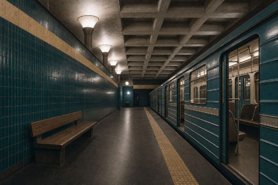 An underground metro platform tiled in deep teal with a pale ochre band, coffered concrete ceiling and globe uplighters, a teal metro train standing with its doors open.