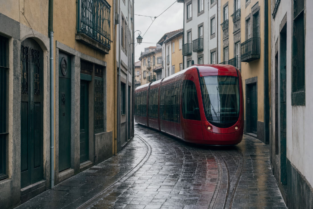A crimson low-floor tram on rails sunk into the wet basalt setts of a narrow old-town street lined with tall rendered houses.