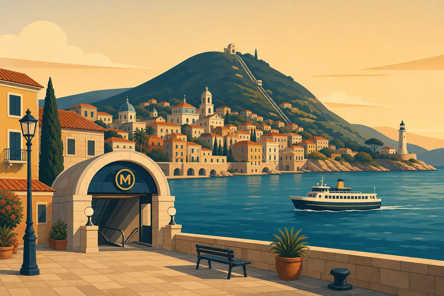 An illustrated view of Vellaporto, Kalmoro's Old Harbour, with the metro station entrance, a ferry crossing the Selvane Sea, and Mont Alzar rising behind the rooftops