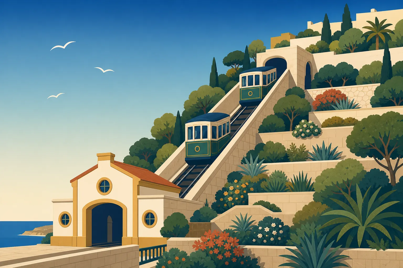 An illustrated view of the Summit funicular climbing the terraced gardens of Mont Alzar