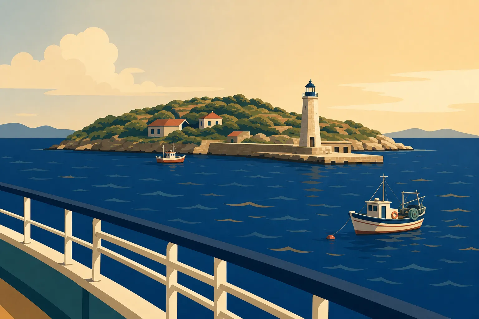 An illustrated view of Kesa Verda, a small outer isle with a lighthouse, seen from the deck of a ferry