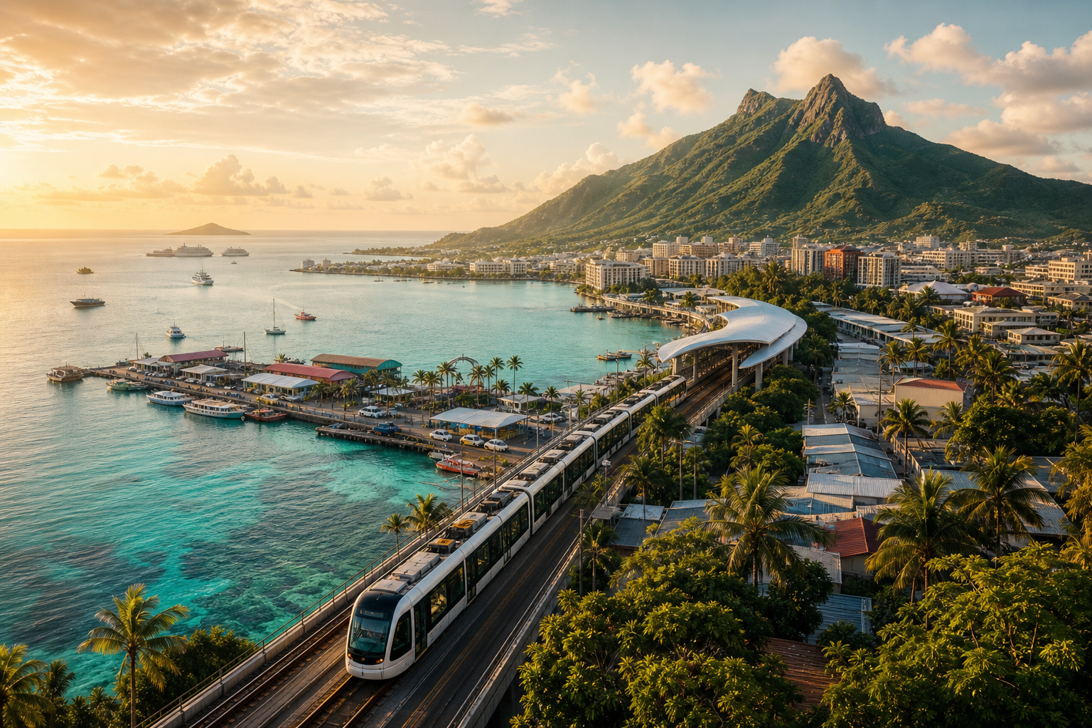 Nalukara harbour at golden hour with lagoon and Mount Kaelu beyond