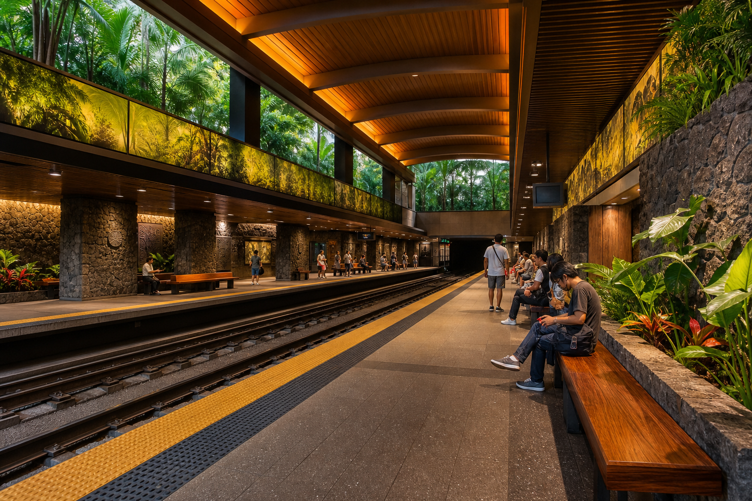 Passengers in a Nalukara metro station with volcanic stone architecture