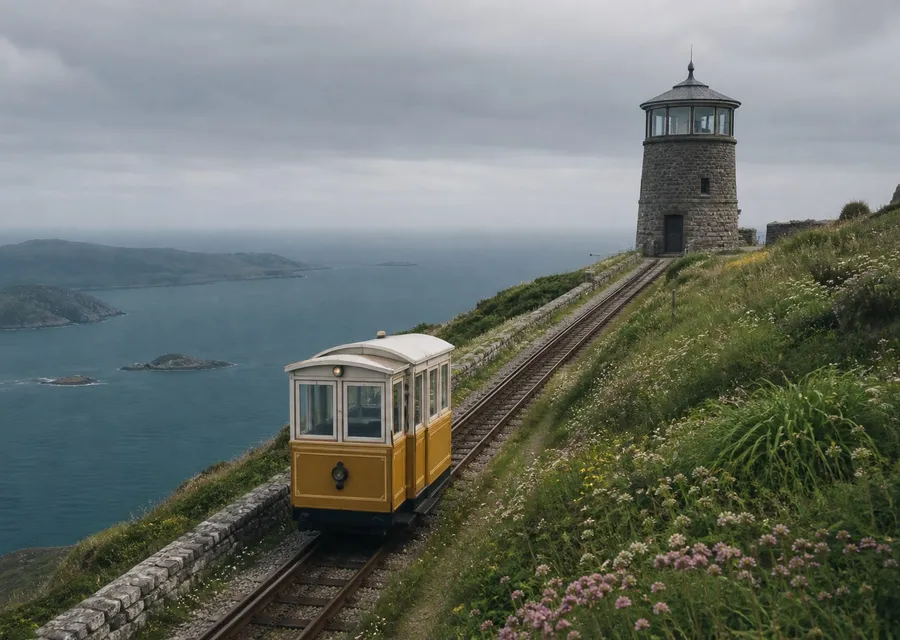 The amber Kelvet Funicular car climbing the meadow slope of Tower Hill towards the old signal tower, with the sea behind