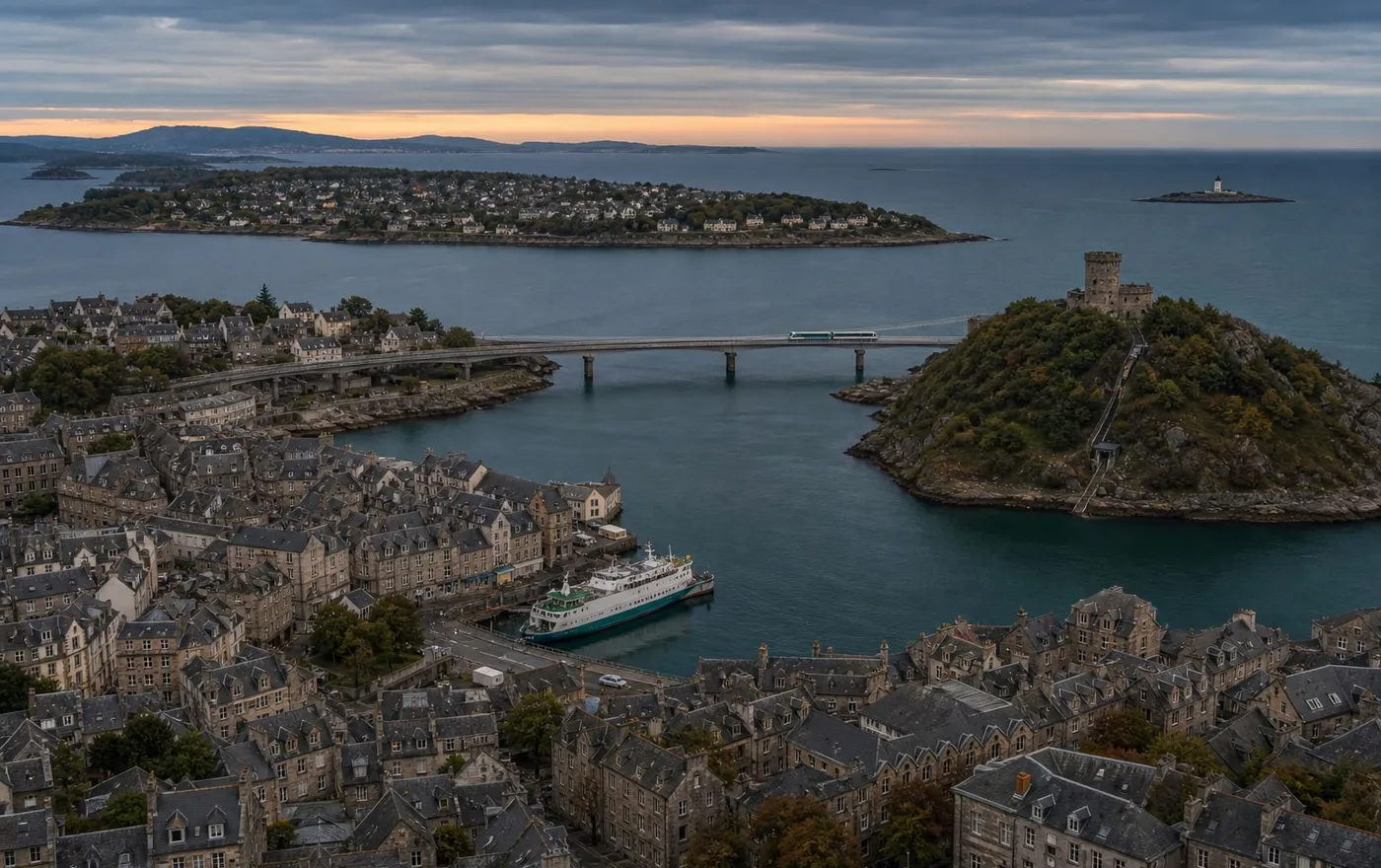 Aerial view of Ilmarren at dusk: the Old Town harbour inlet with a ferry moored, the Kelvet Bridge crossing to Tower Hill, and the Tirveth lighthouse in the distance