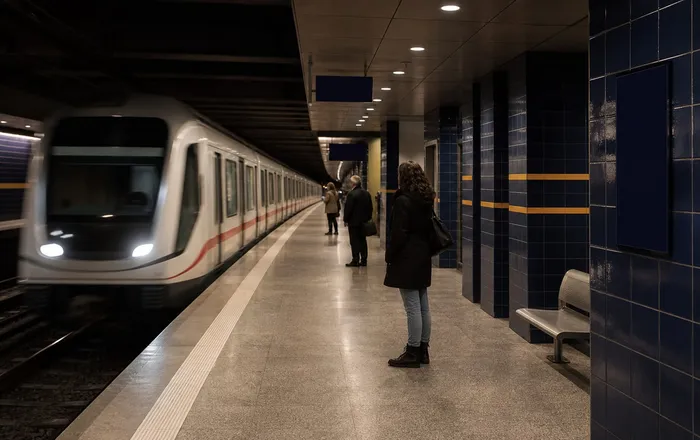 A Class 21 metro train arriving at a navy-tiled underground platform at Korhal