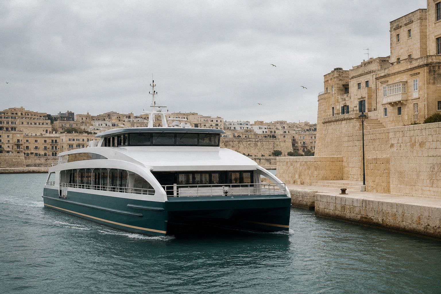 A white and teal Morquen ferry approaching a stone quay beneath the old town.