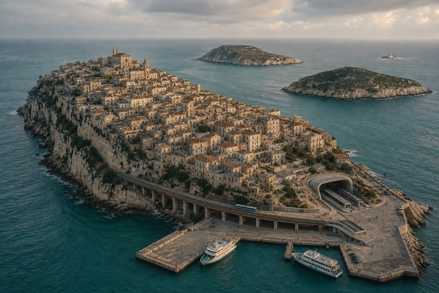 Aerial view of Osk island: the old town on the ridge, the tram viaduct along the shore and two ferries at the Havedor quay.