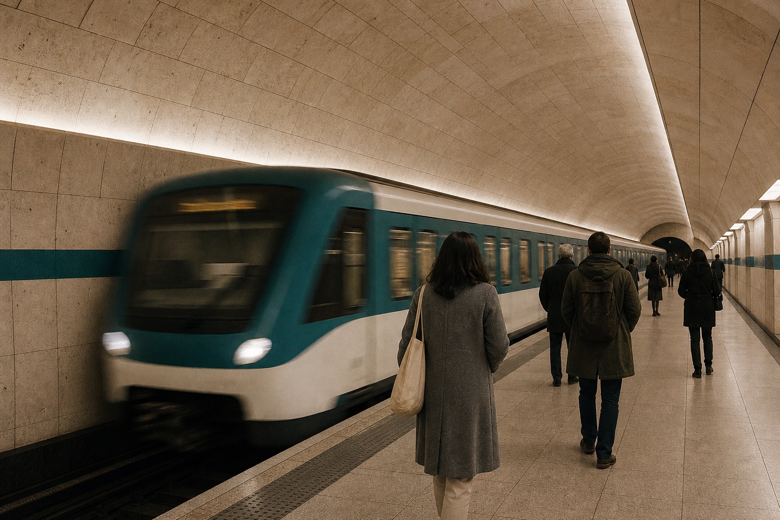 A teal Tehlferra metro train arriving at a limestone-clad underground platform.