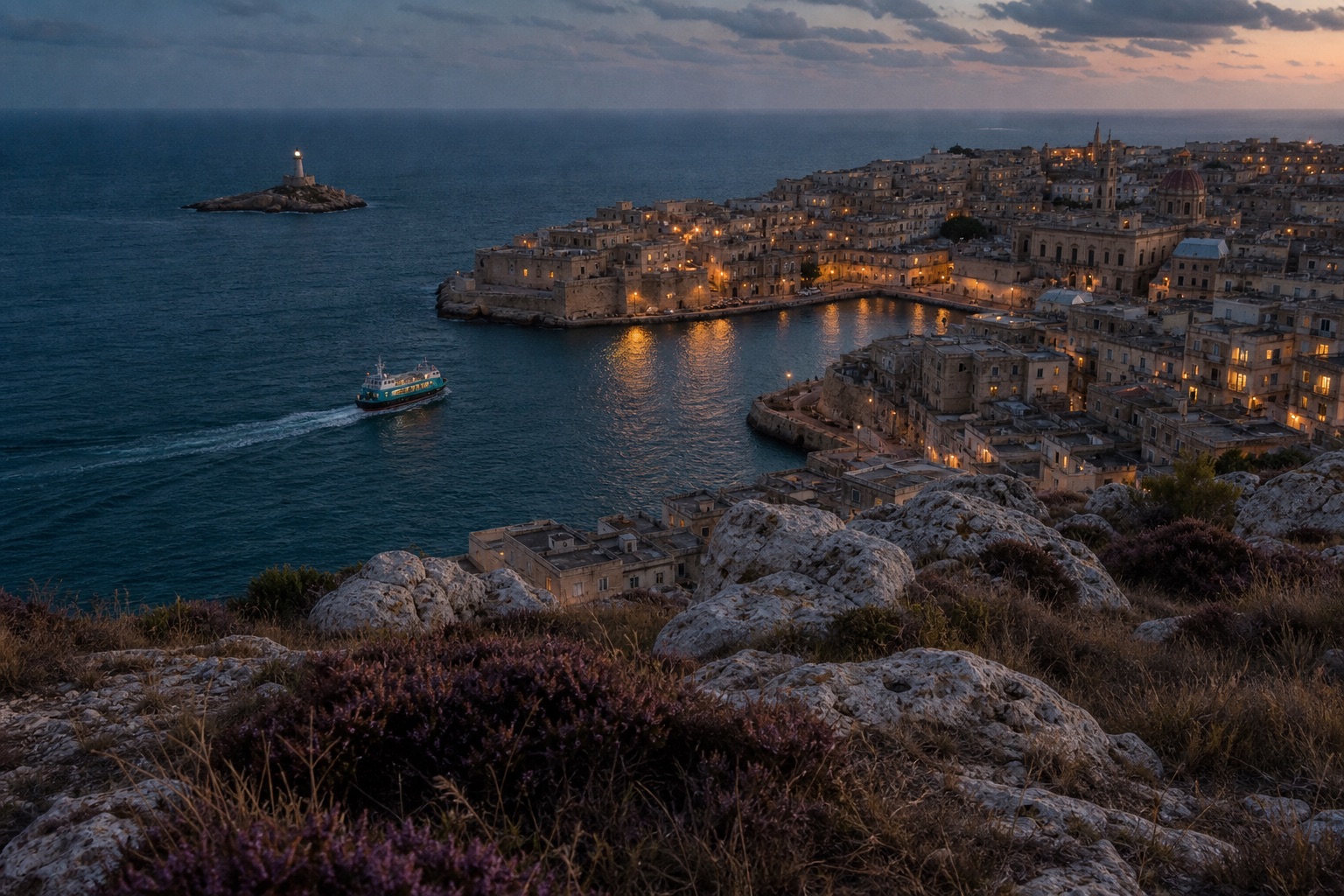Dusk view from the ridge of Osk over the lit old town and harbour, with a ferry leaving a wake and the Lindmoor lighthouse on the horizon.