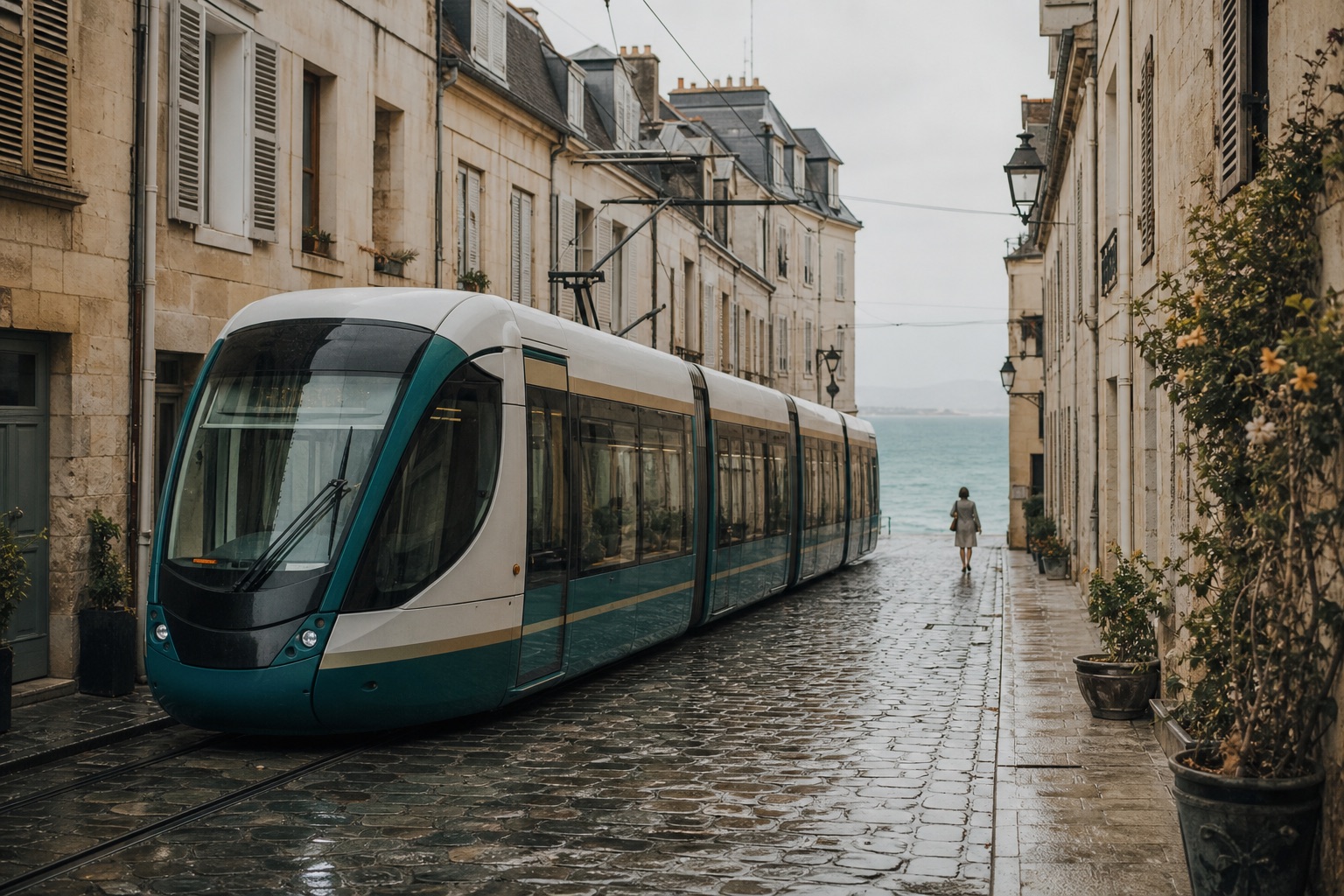 A Silferra tram gliding through a narrow, rain-washed street of pale stone houses towards the sea.