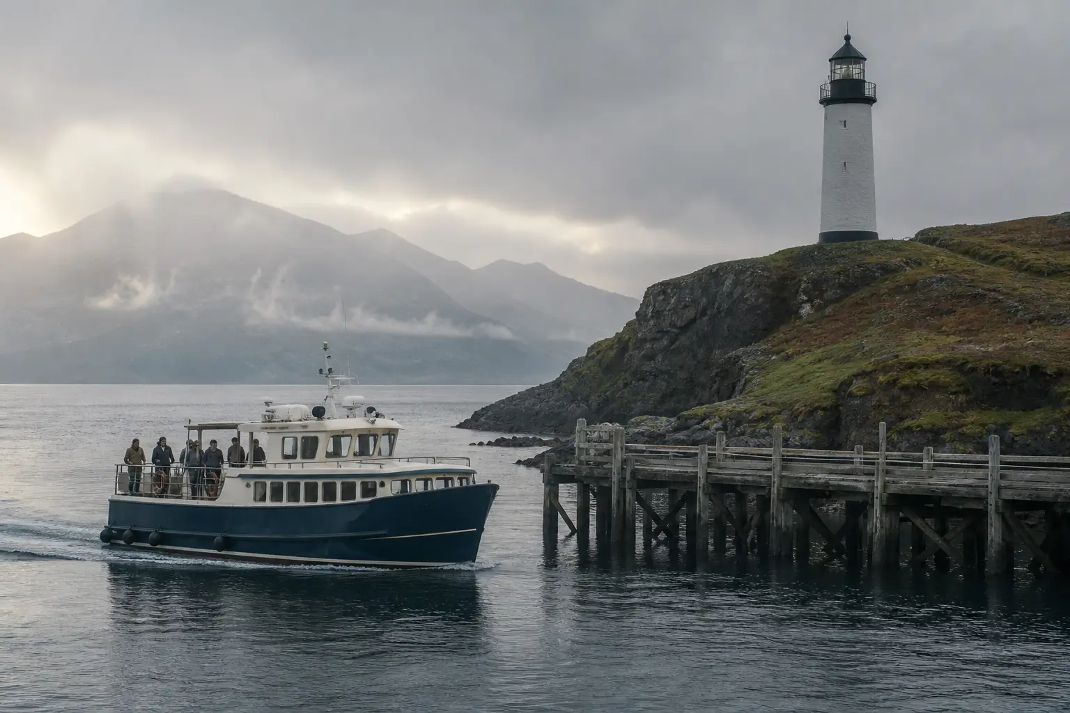 A small passenger ferry passing a tall lighthouse on a rocky point in low cloud.