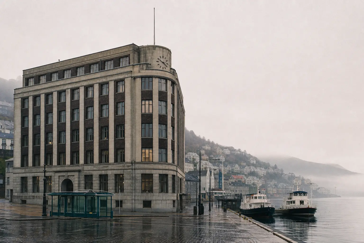 The Vaerhal, the Tolvaren Transit Authority headquarters, a 1930s civic building on the quay at Ordra with the authority's lighthouse mark carved above the door.
