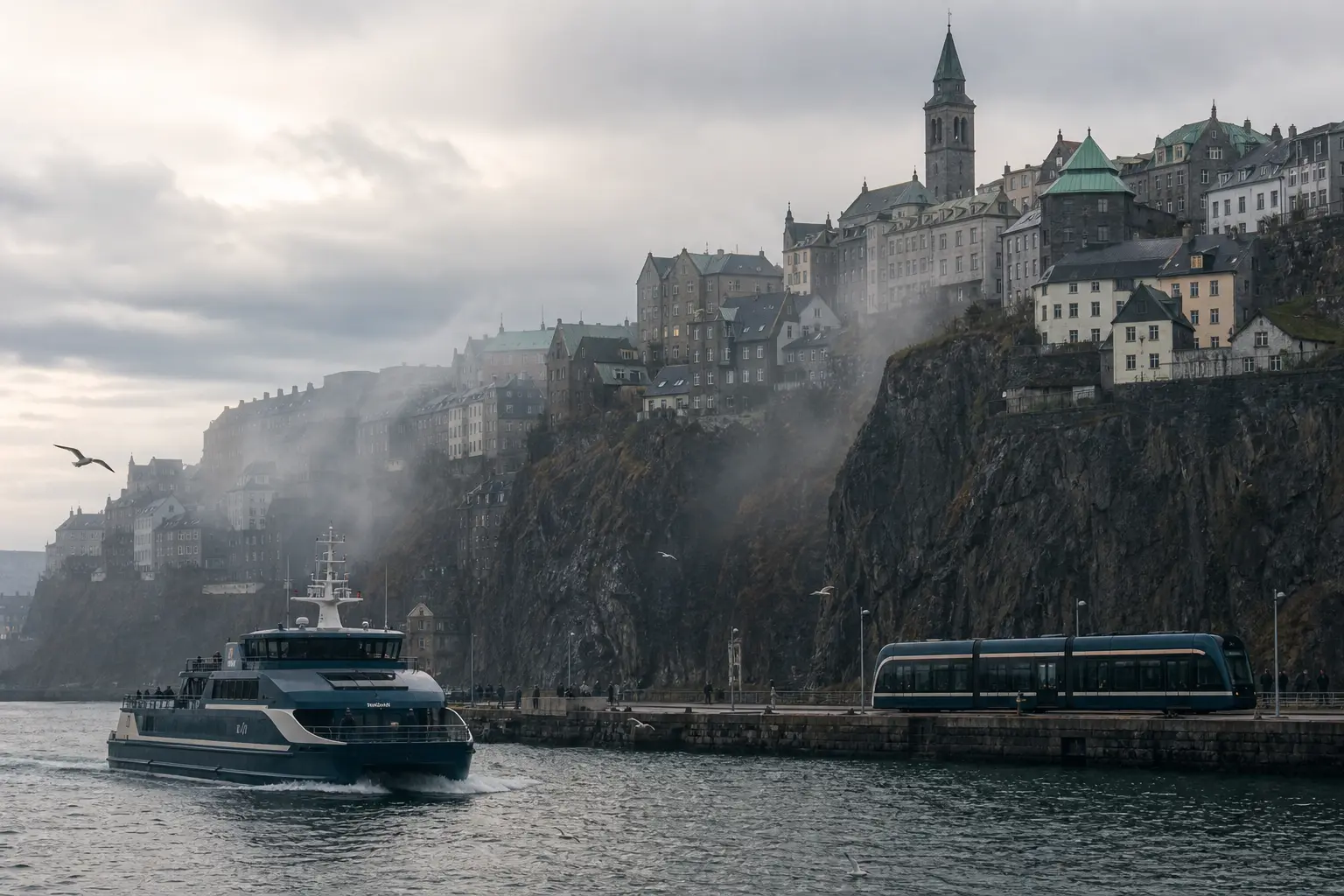 A Harbour Ferry crossing the deep harbour below the old town of Tolvaren while a Shore Line tram runs along the quay beneath the cliffs of the Kem.