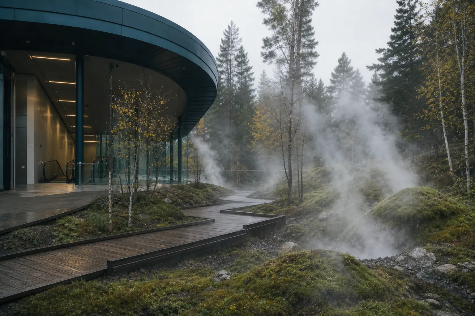Sirrvae, Hot Hollow, the northern terminus of the Sea Line: a small metro station entrance among steaming hot-spring pools and pine trees on the northern island.