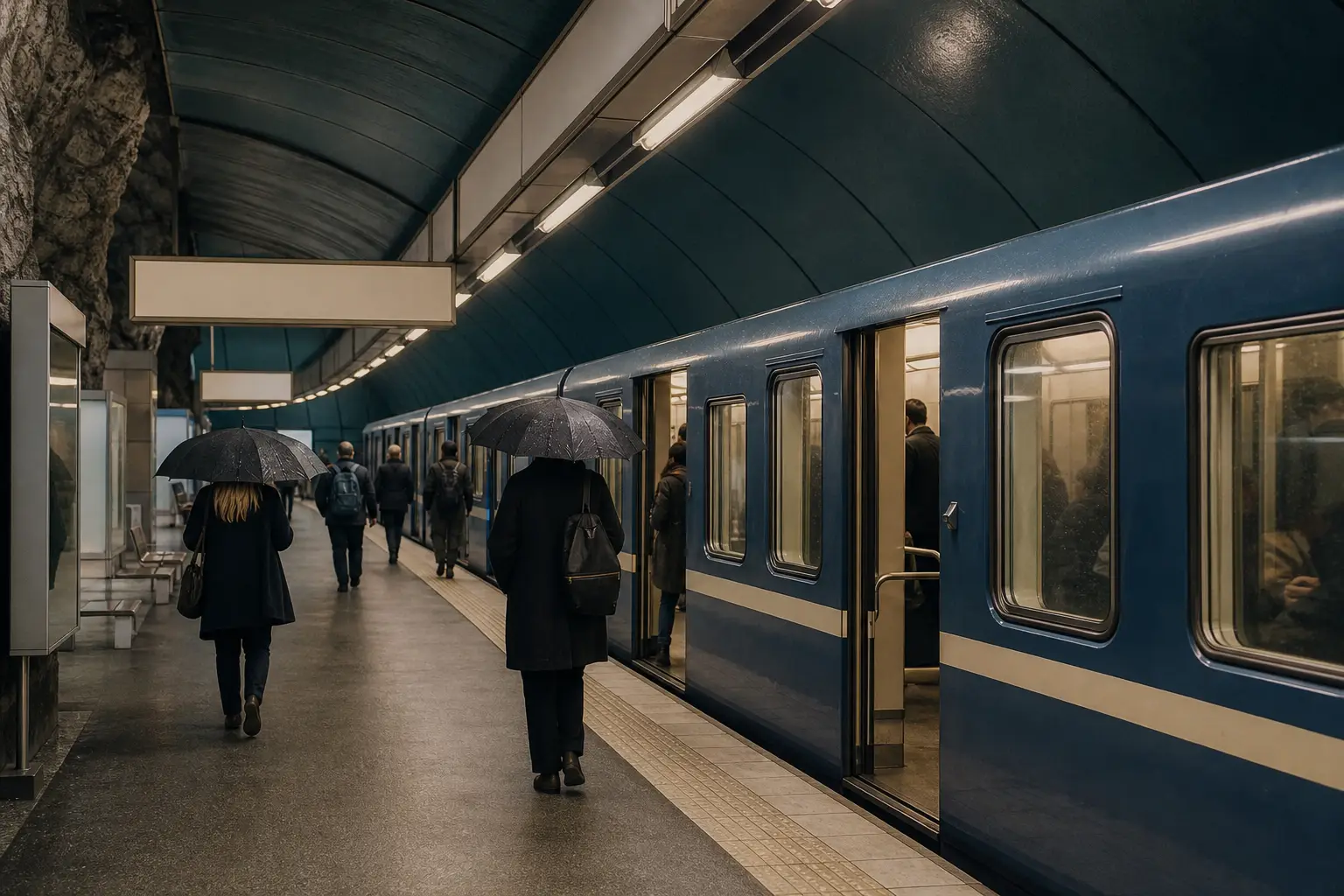 A Sea Line metro train at a curved, tiled platform lit by warm lamps, with bilingual station signs.