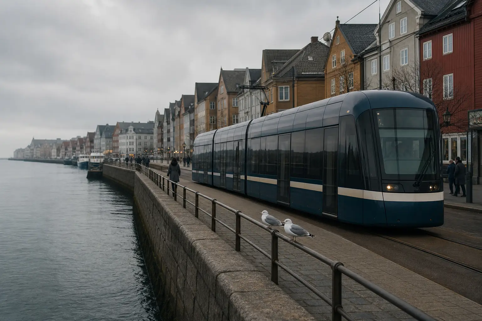 A Shore Line tram running along the sea wall at dusk with the harbour behind it.