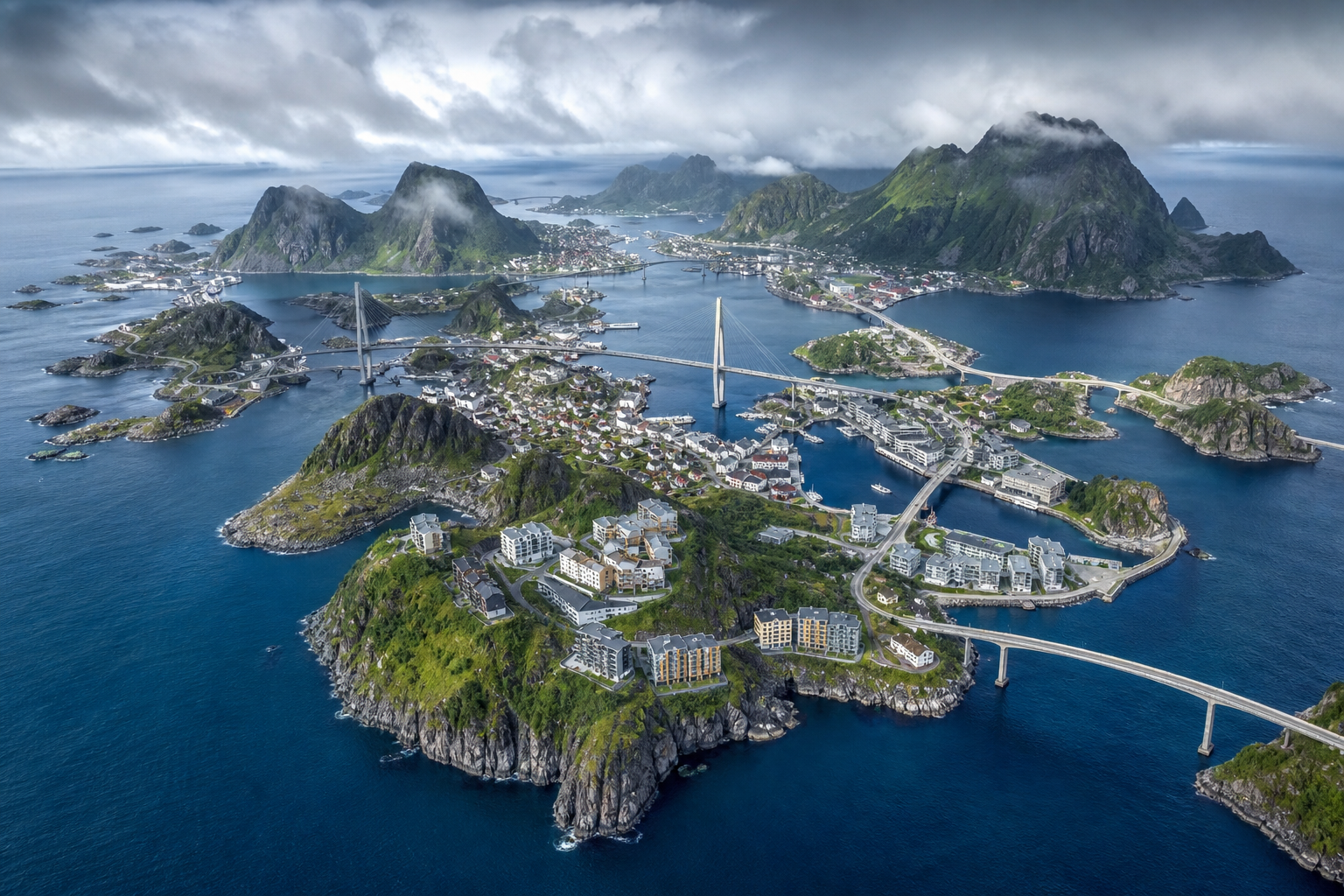 Aerial panoramic photograph of the Valsteyra island archipelago and transit viaducts