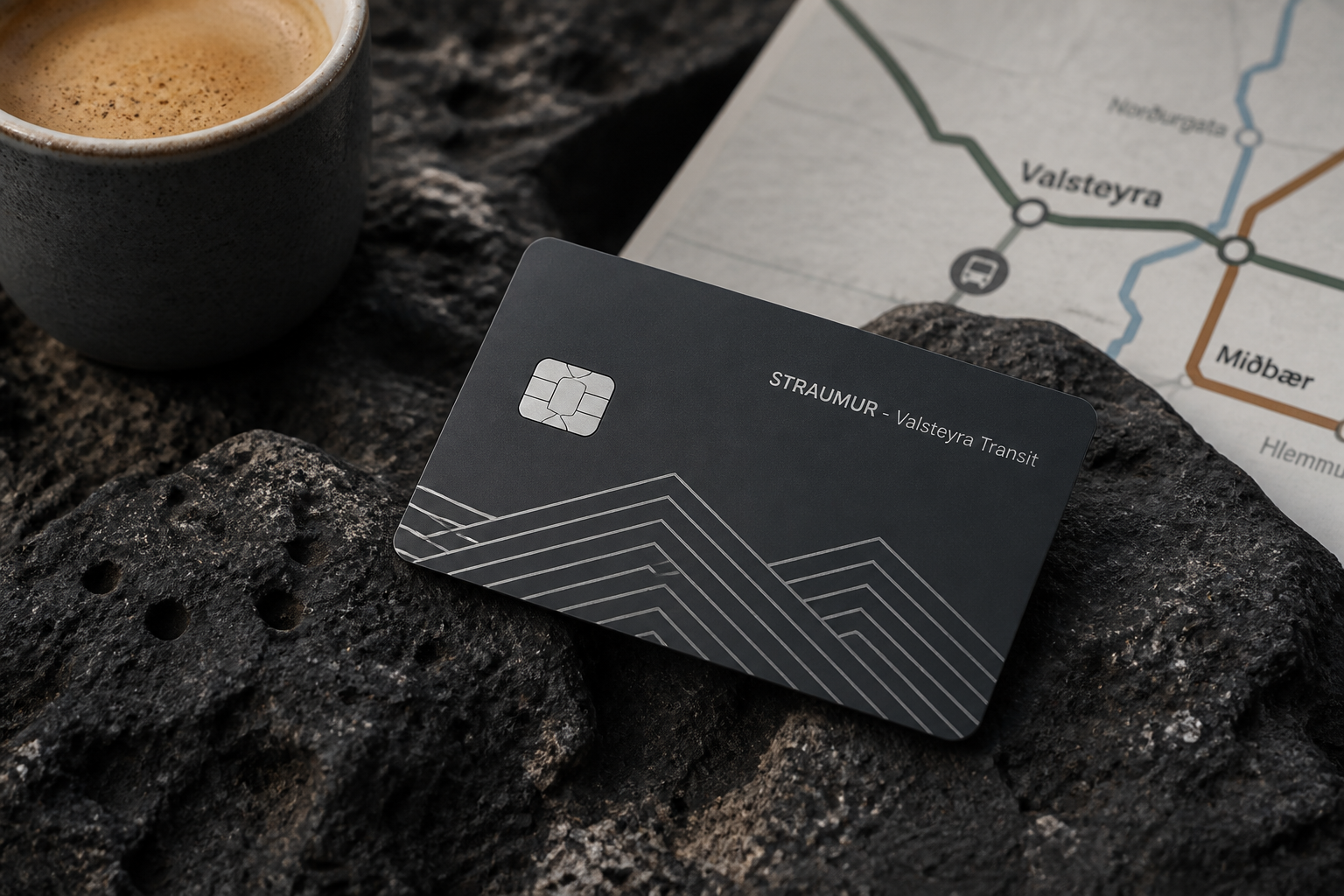 Straumur smart RFID transit card on basalt stone
