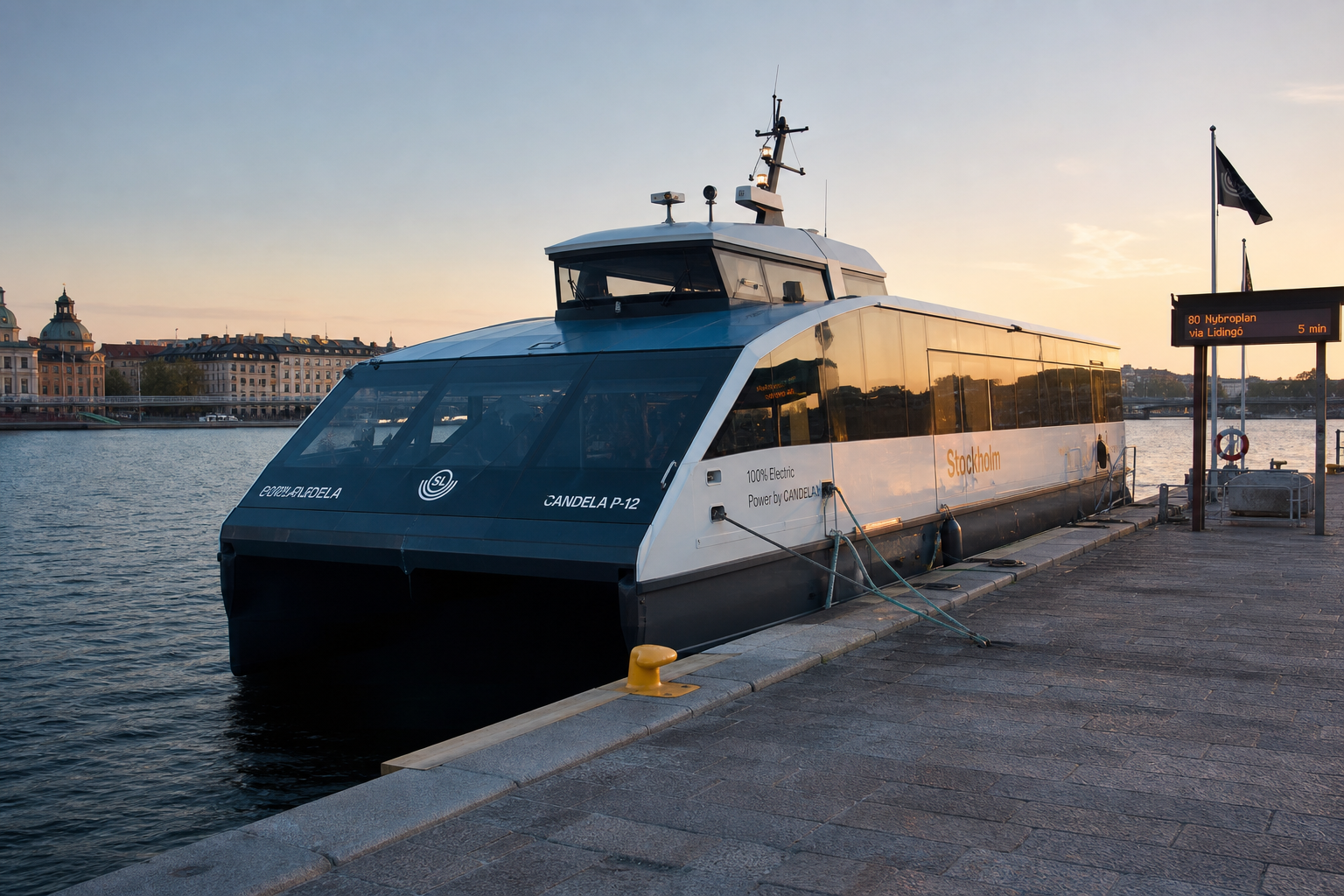 Elektrisk hurtiggåande hydrofoilferje legg til ved Sentralhavn kai i Sólvanna ved solnedgang