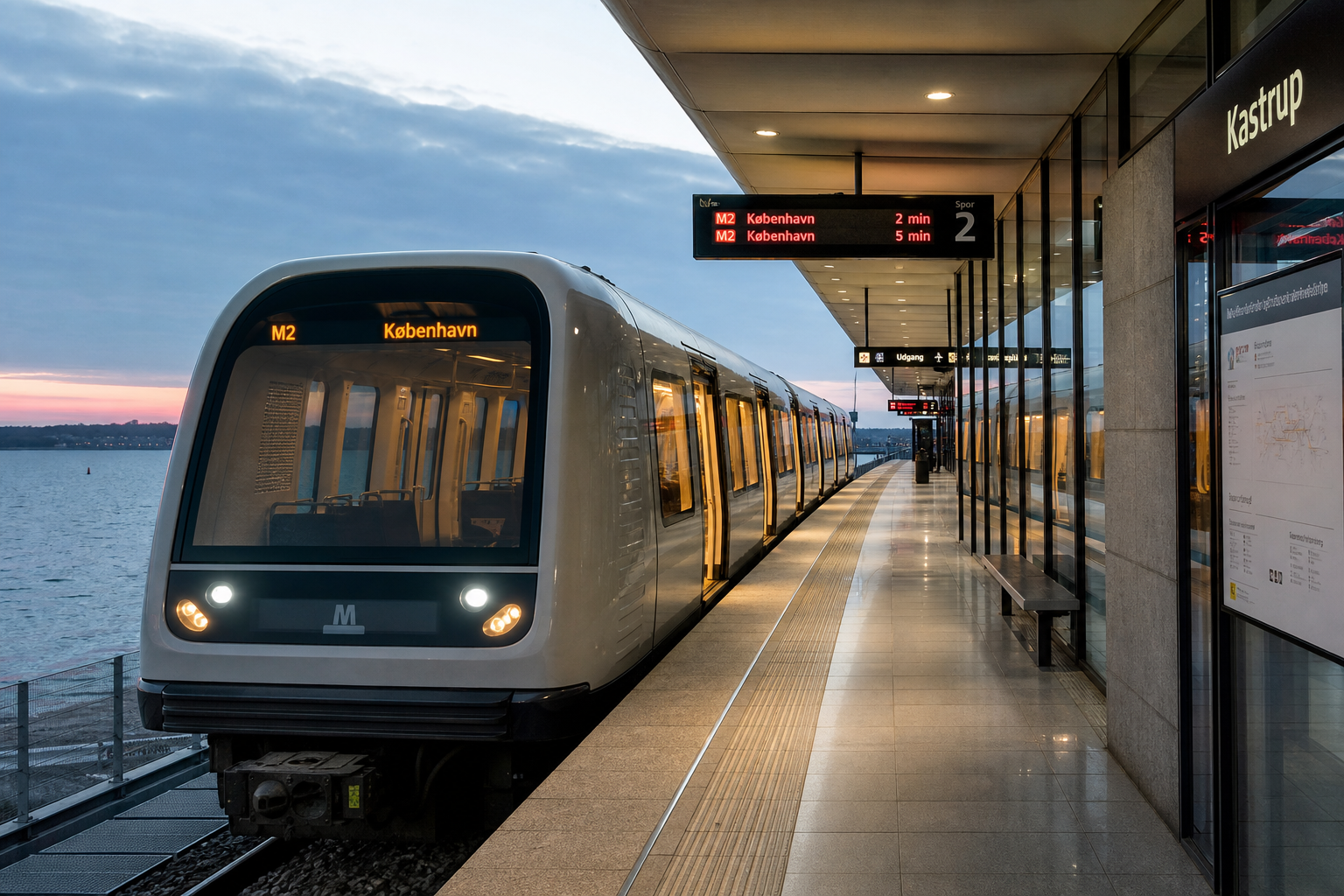 Moderne aerodynamisk metrotog ved kystplattforma Kastrup over Klippefjorden