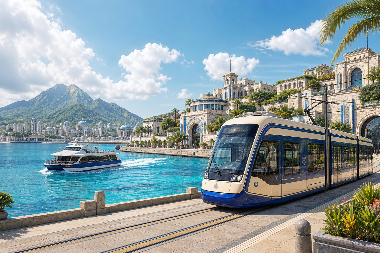 A tram and ferry serving Auralei's harbor under bright island skies