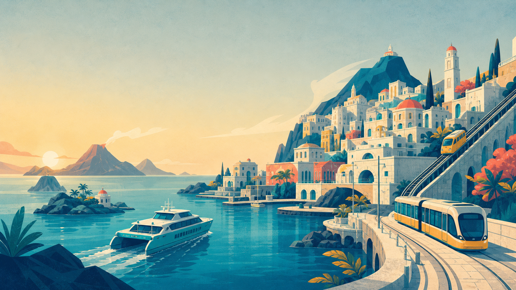 Illustrated dawn view of Veyra harbour with a ferry and yellow tram