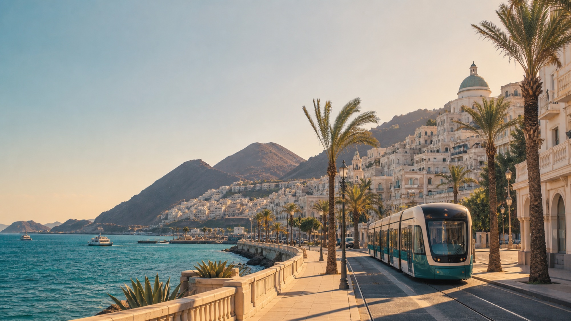 A Sunshore tram follows Veyra's turquoise harbour beneath the volcanic ridgeline