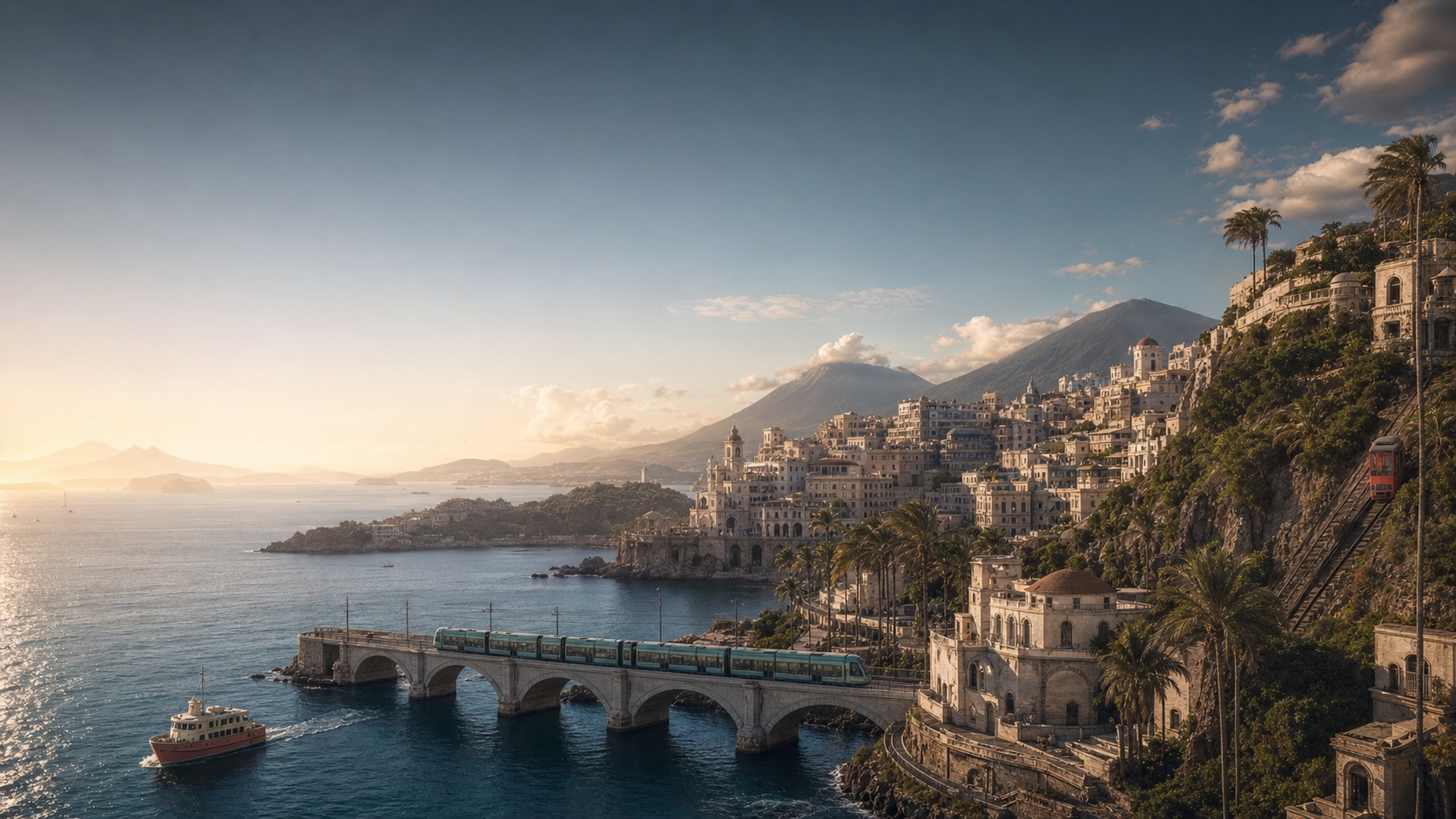 A teal tram crosses the harbor bridge as a ferry approaches Veyra's terraced coast at dawn