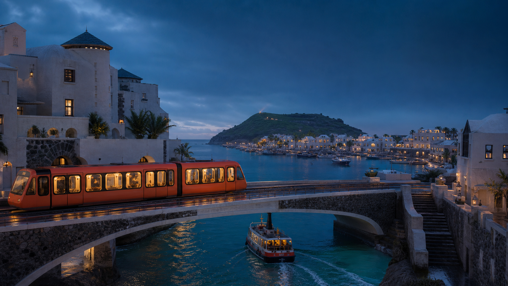 An orange tram crosses a harbor bridge at blue hour in Veyra.