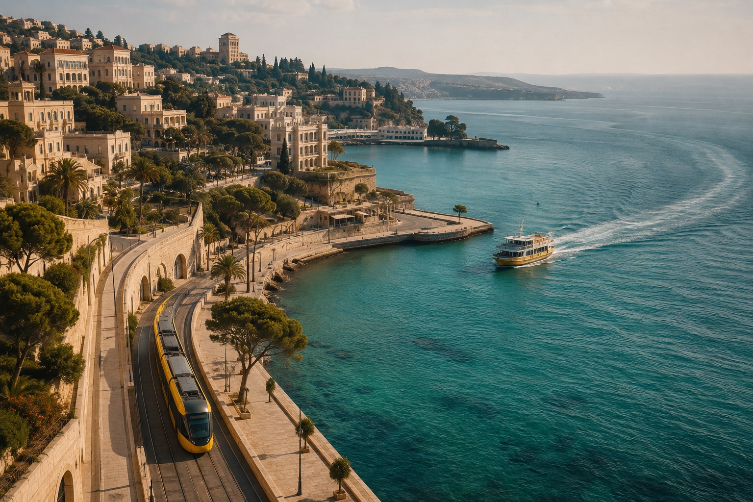 A yellow tram follows Orra’s limestone coast while an island ferry crosses the teal waters of the Veil Sea.