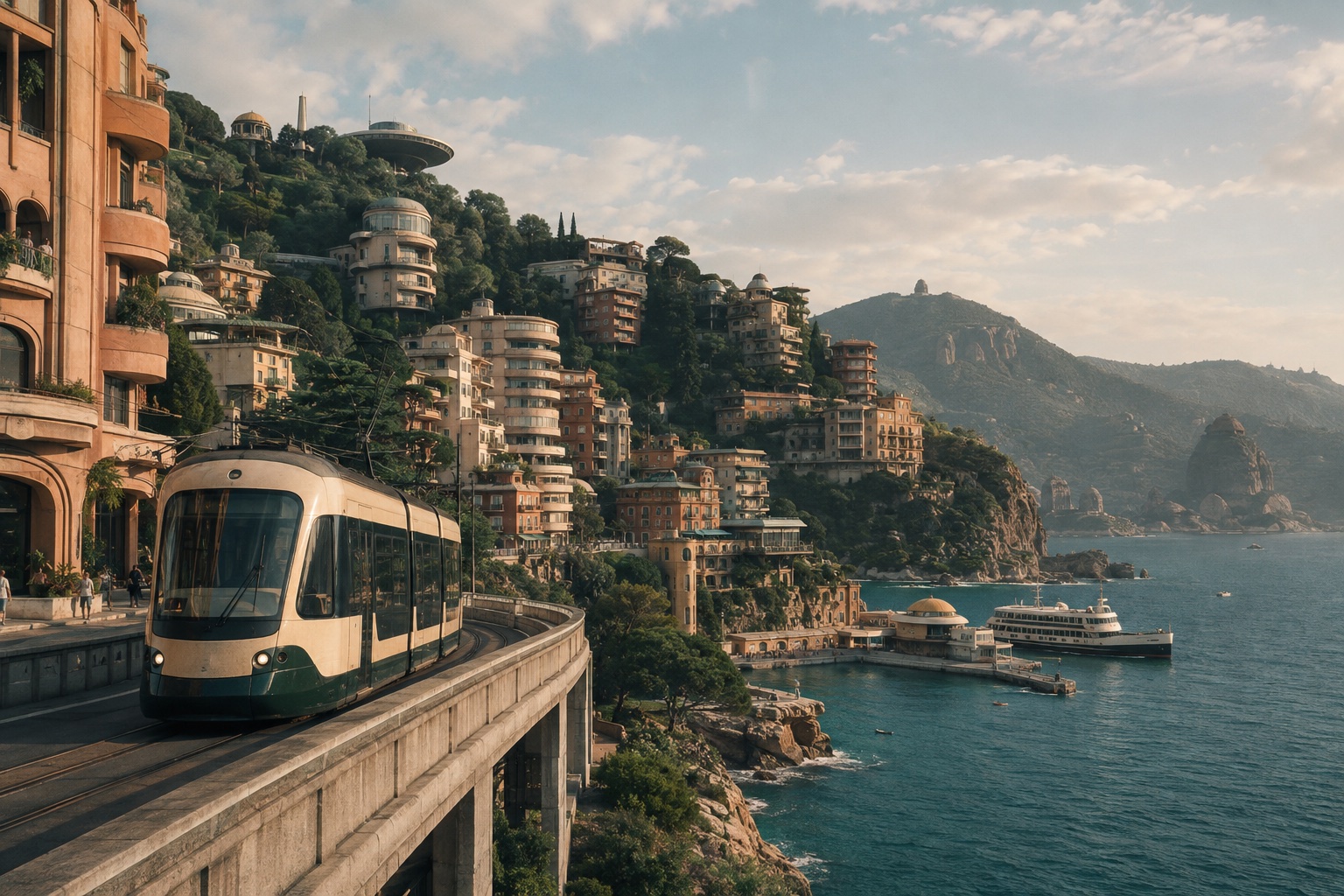 An Oriva tram follows the waterfront beneath hillside homes, with a ferry crossing the sheltered bay.