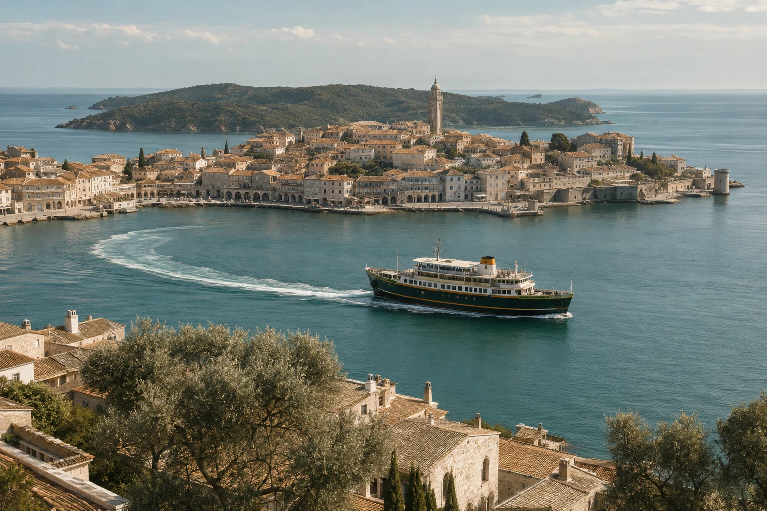 A green and ivory ferry crosses the calm waters below Veyra’s terraced limestone waterfront.