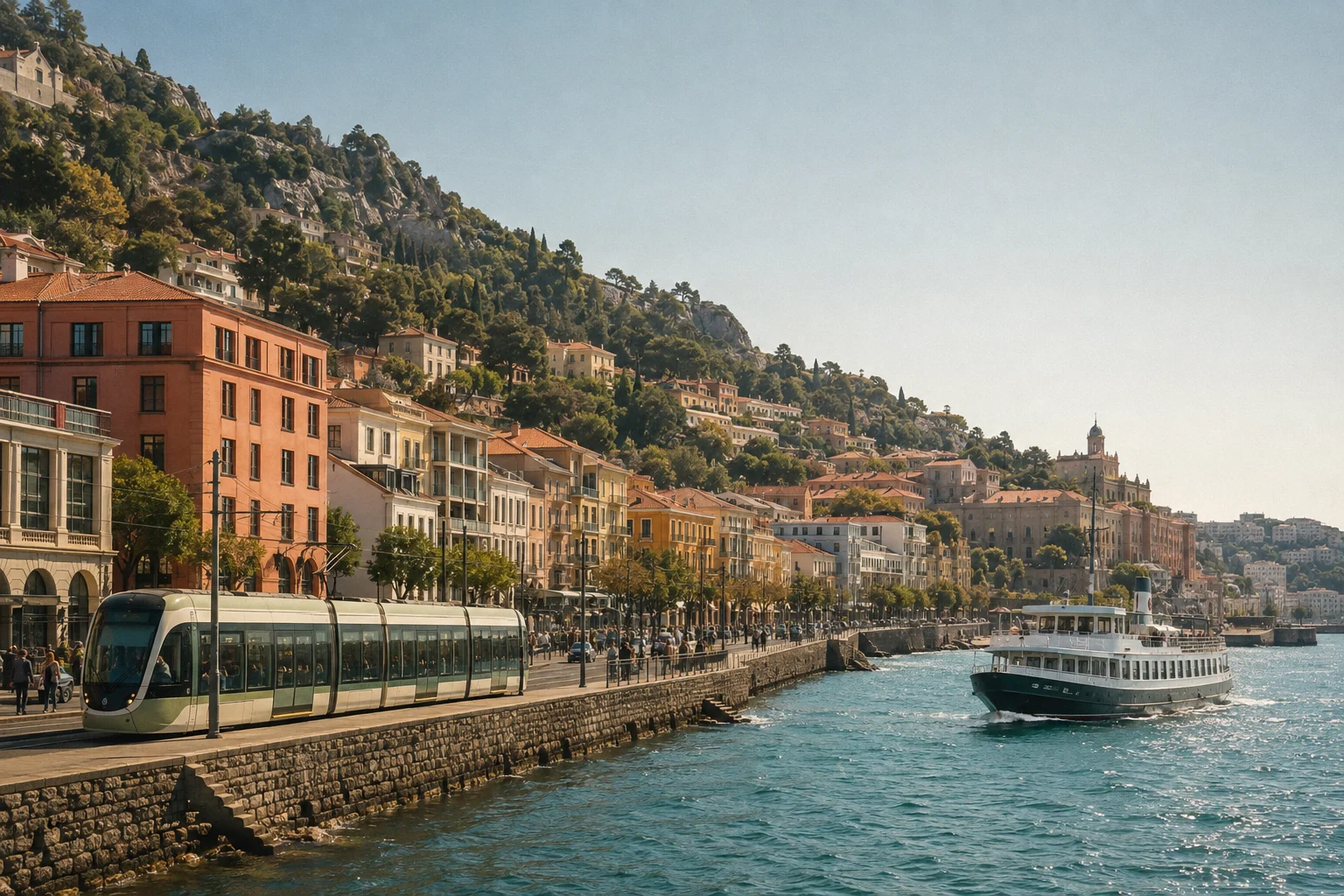 An Orava tram follows the sunny waterfront as a ferry crosses the sheltered harbor